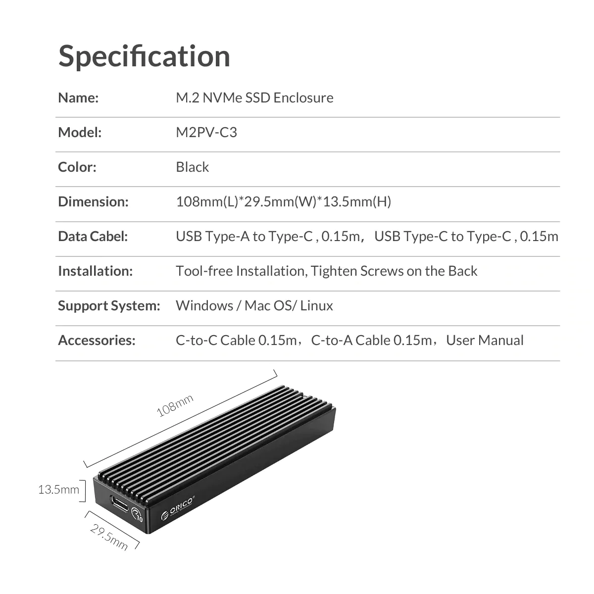 Case Rígido para leitura externa Orico de NVME  SSD  10 G / Samsung/Crucial - Imagem 4