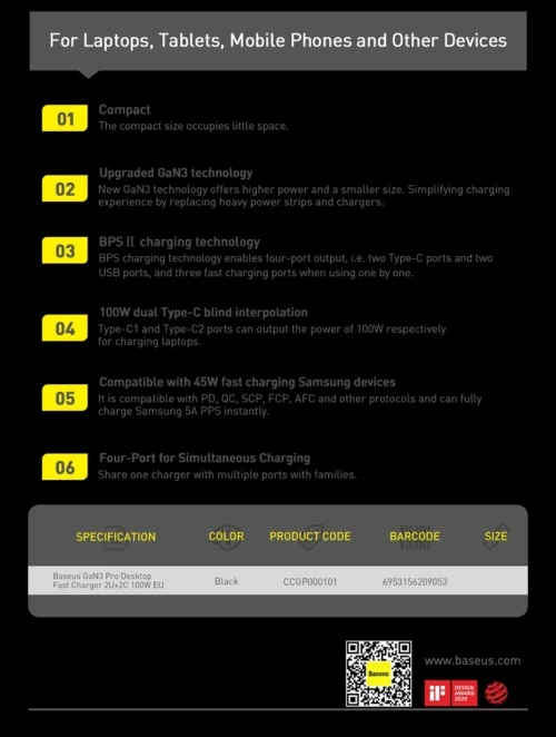 Carregador Baseus pd fast charger pd 100w com 4 entradas ideal mac book pro / iphone + Cabo tipo c nas 2 pontas - 1m + cabo alimentacao 1,5 m - Imagem 8