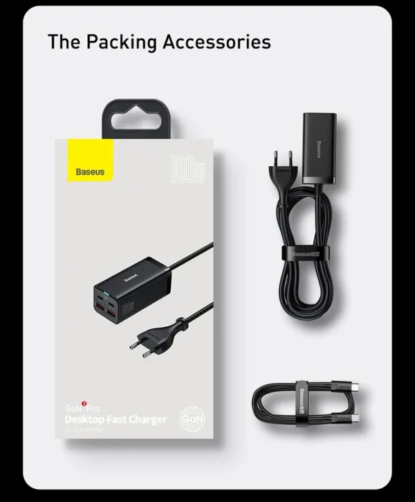 Carregador Baseus pd fast charger pd 100w com 4 entradas ideal mac book pro / iphone + Cabo tipo c nas 2 pontas - 1m + cabo alimentacao 1,5 m - Imagem 2